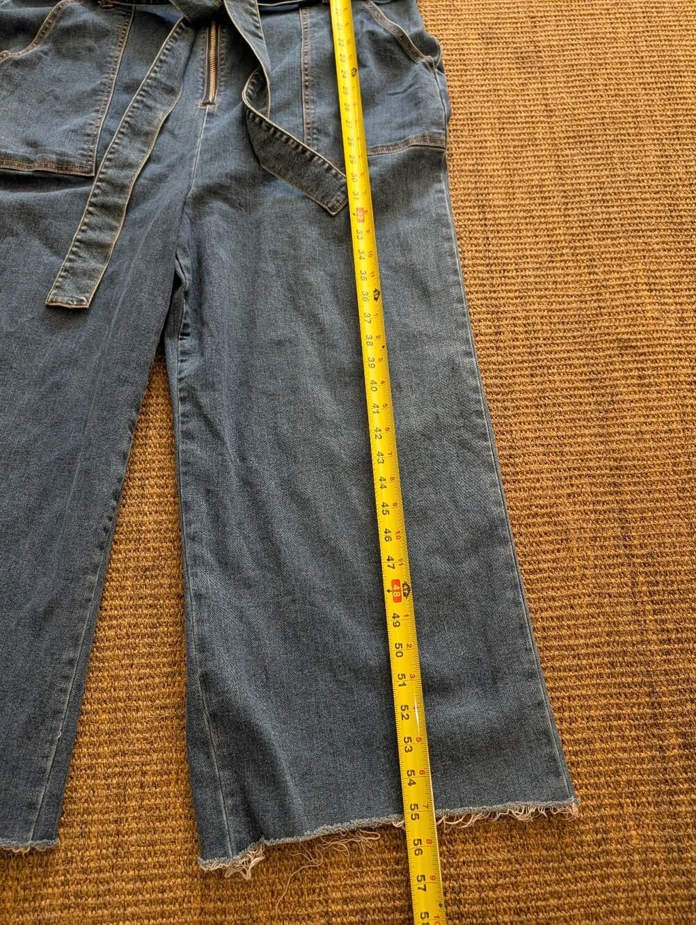 Forever 21 Blue Denim Short-Sleeve Zip Jumpsuit with Tie Belt Raw Hem